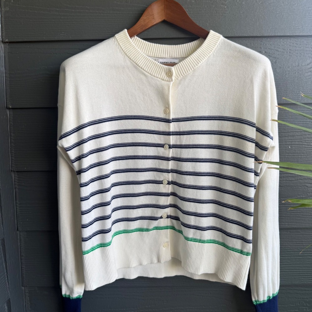 Lands' End 100% Cotton Striped Cardigan‎ Sweater White Blue Green Women's M